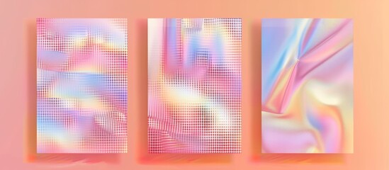 Fototapeta premium Three canvas prints with abstract iridescent patterns on a pink wall
