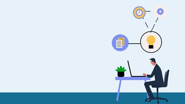business concept, working hard, ideas, writing notes, organization and time management, businessman at desk working with laptop pouring out ideas and strategies
