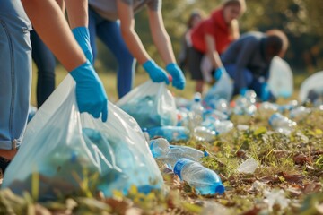 Schoolchildren collect plastic waste at a cleanup day in the park. Their activities demonstrate their responsibility and concern for the environment and also instill the value of cleanliness and envir