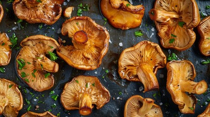 Golden chanterelle mushrooms with herbs and spices strewn on a dark backdrop