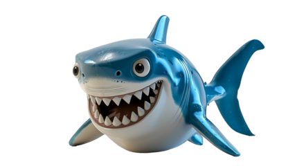 A blue cartoon great white shark toy with open mouth and big eyes