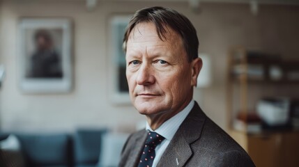 Fototapeta premium Portrait of a senior businessman in a suit looking serious in a modern office. Leadership and experience concept.