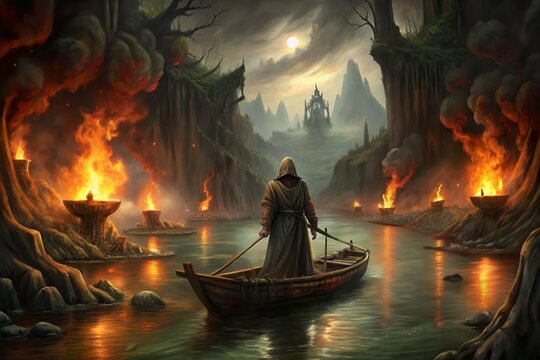 ferry man in hell on underworld river. Afterlife mythology