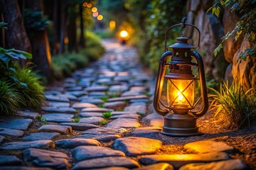 illuminated lantern on stone pathway at night