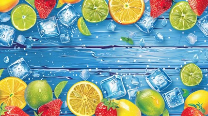 Illustration of various fruits and ice cubes on a blue wooden background. Refreshing and cool summer concept.