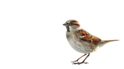 A brown and white sparrow stands facing left, isolated on a white background