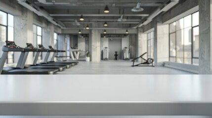 Tabletop against gym background for product presentation. Mockup of an empty countertop with a fitness room interior.