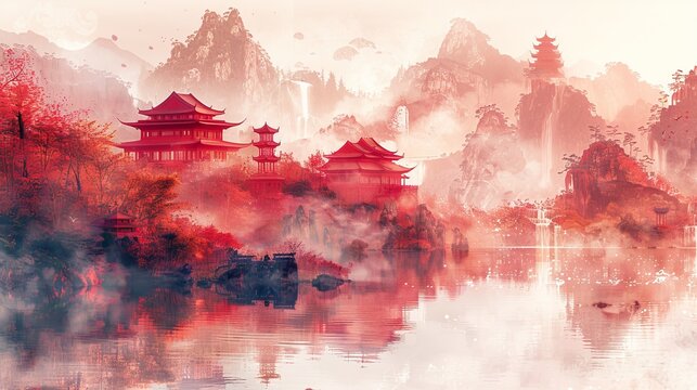 City plan amidst Chinese hills, ancient architecture, rivers, and waterfalls. Meticulous inkwash style, pink and gold lines, futuristic forms,  Geometric fusion Chinese landscape painting