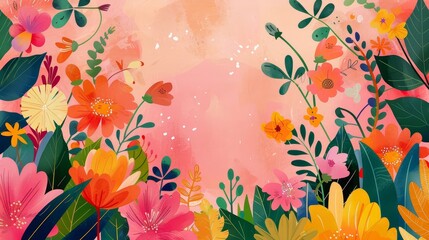 Bright and cheerful floral illustration on a pink background, featuring a variety of colorful flowers and leaves. Perfect for spring or summer themes.
