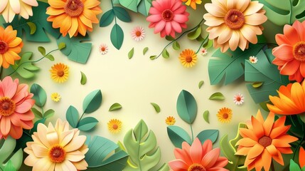 Whimsical floral scene with various flowers and leaves on a light background. Ideal for spring and summer designs or children's illustrations.