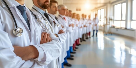 Line of doctors in various uniforms seated, hands clasped. Professional healthcare team concept in a warm and welcoming setting. - Powered by Adobe