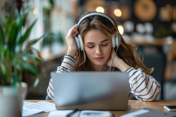 Female listening laptop headphones