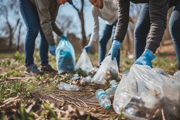 Schoolchildren collect plastic waste at a cleanup day in the park. Their activities demonstrate their responsibility and concern for the environment and also instill the value of cleanliness and envir