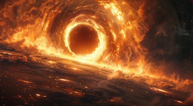 Photorealistic image: Black hole with eerie event horizon glow amid stars