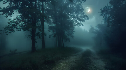 A mysterious forest with a moonlit path and Halloween backdrop, hinting at a spooky and eerie atmosphere, suitable for Halloween-themed designs and events.