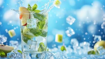 Glass of sparkling water with mint leaves and ice cubes on a blue background. Concept of refreshing summer drink.
