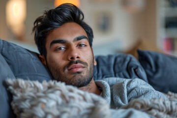 Fototapeta premium Person on sofa covered with blanket