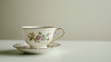 Vintage-style tea cup showcased against a minimalist white setting, embodying timeless charm and elegance.