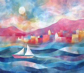 Abstract sailboat painting with coastal town and moon