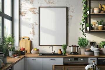 Poster mockup in scandinavian kitchen interior created with generative ai