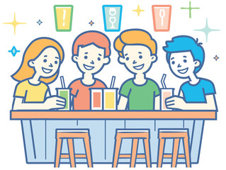 Four cartoon friends enjoying drinks bar, smiling socializing, casual attire. Colorful vector drawing young adults having fun, cheerful atmosphere, friendly gathering. Cartoon characters social