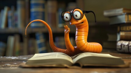 A cartoon worm with glasses sits on a book and reads in a library