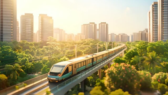 Modern cityscape, Green landscape and futuristic MRT train, Fast express passenger train on high speed intercity railway moving from city, Futuristic technology. Modern town cityscape	