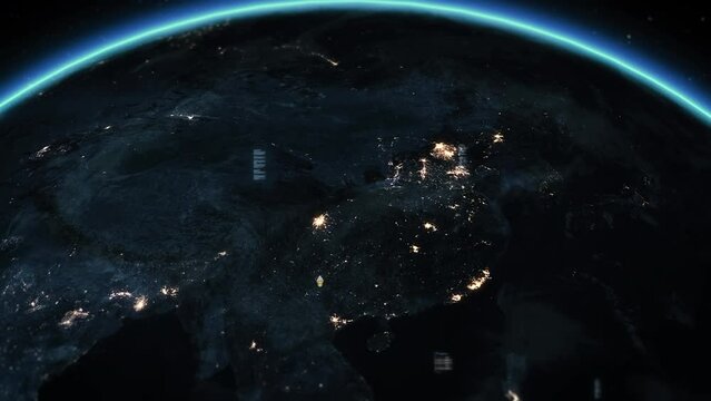 
Animation of Planet Earth With City Lights. Huge Outage Hits China, Japan, Mongolia, Russia, India. Power Outage Turning Lights Off. Blackout In Asia. Social Media Interfaces, Emoji, Messages Charts.