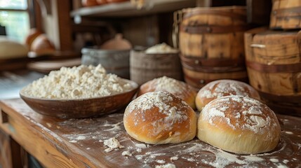 Rustic Wooden Table With Freshly Baked Bread and Flour Dust. Generative AI