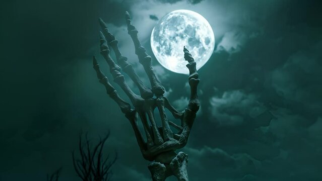 Skeleton hand rising from the grave in dark Halloween night, Full moon night	