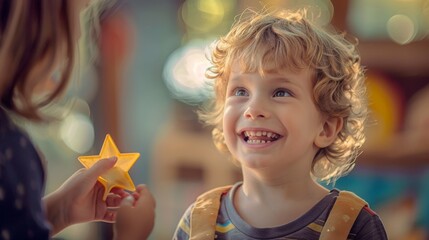 A child smiling brightly as they receive a gold star from the teacher.