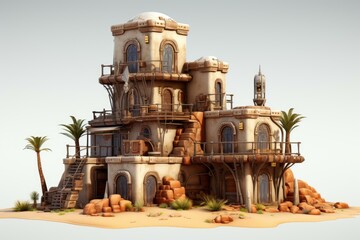Digitally rendered fantasy desert house with palm trees and intricate architecture