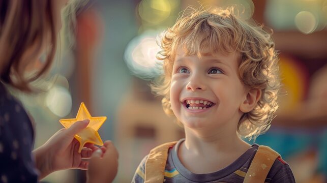 A child smiling brightly as they receive a gold star from the teacher.