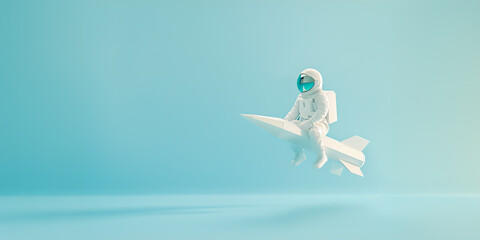 Minimalistic 3D illustration of an astronaut riding a rocket in a light blue background