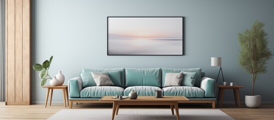 Home interior mock-up with blue sofa and a poster on the wall