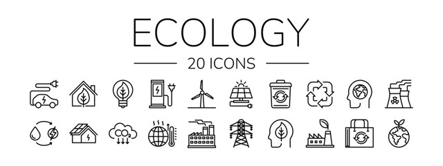 Set of Icons Ecology, Collection, Elements, Line, Organic, Isolated, Recycling, Energy, Eco, Bio, Natural, Vector illustration