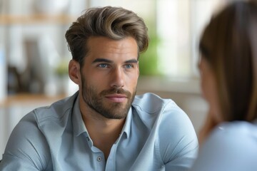 Obraz premium Man in blue shirt gazes at woman in blue shirt