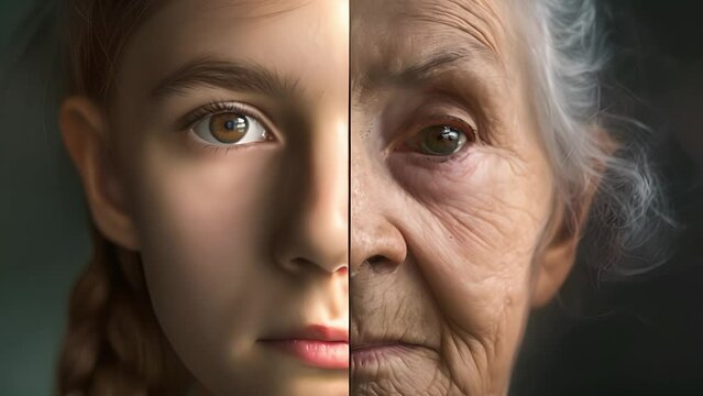 Young and old in a single face of the same person as a girl and grandmother, An aging portrait of time. Half girl face and half grandmother face, A Striking Composite	