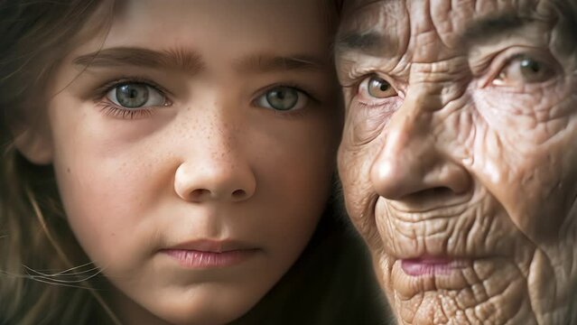Young and old in a single face of the same person as a girl and grandmother, An aging portrait of time. Half girl face and half grandmother face, A Striking Composite	