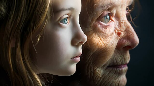 Young and old in a single face of the same person as a girl and grandmother, An aging portrait of time. Half girl face and half grandmother face, A Striking Composite	