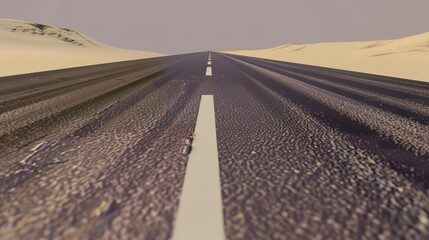Close-up of a straight desert road slicing through arid landscape, heat mirage shimmering, empty and vast, no humans 