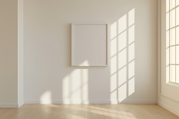 3d rendering, A blank white picture frame hanging on an empty wall with light wood floors. There is nothing in the photo, it's just a plain white wall and a simple white wooden floor