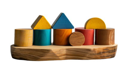 Wooden blocks of various shapes and colors arranged on a wooden base