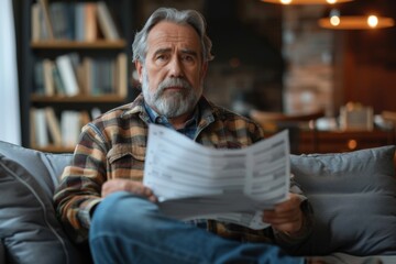 Man reading paper on couch
