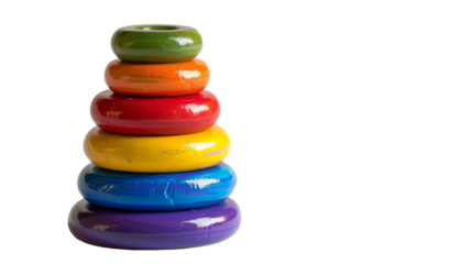 A close-up of a colorful wooden ring toy