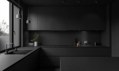 3d rendering, Black kitchen with sleek, modern design and minimalist furniture