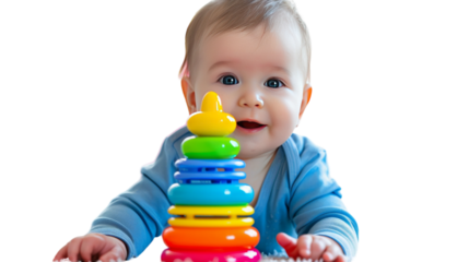 A baby plays with a stacking toy