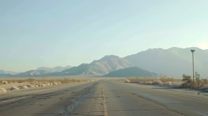 Desert highway with distant mountains, close-up, clear blue sky and unending horizon, desolate beauty, no humans 