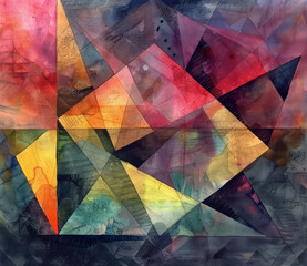 Abstract colorful watercolor painting with geometric shapes