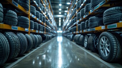 Storage racks for car rims and tires in a car production factory